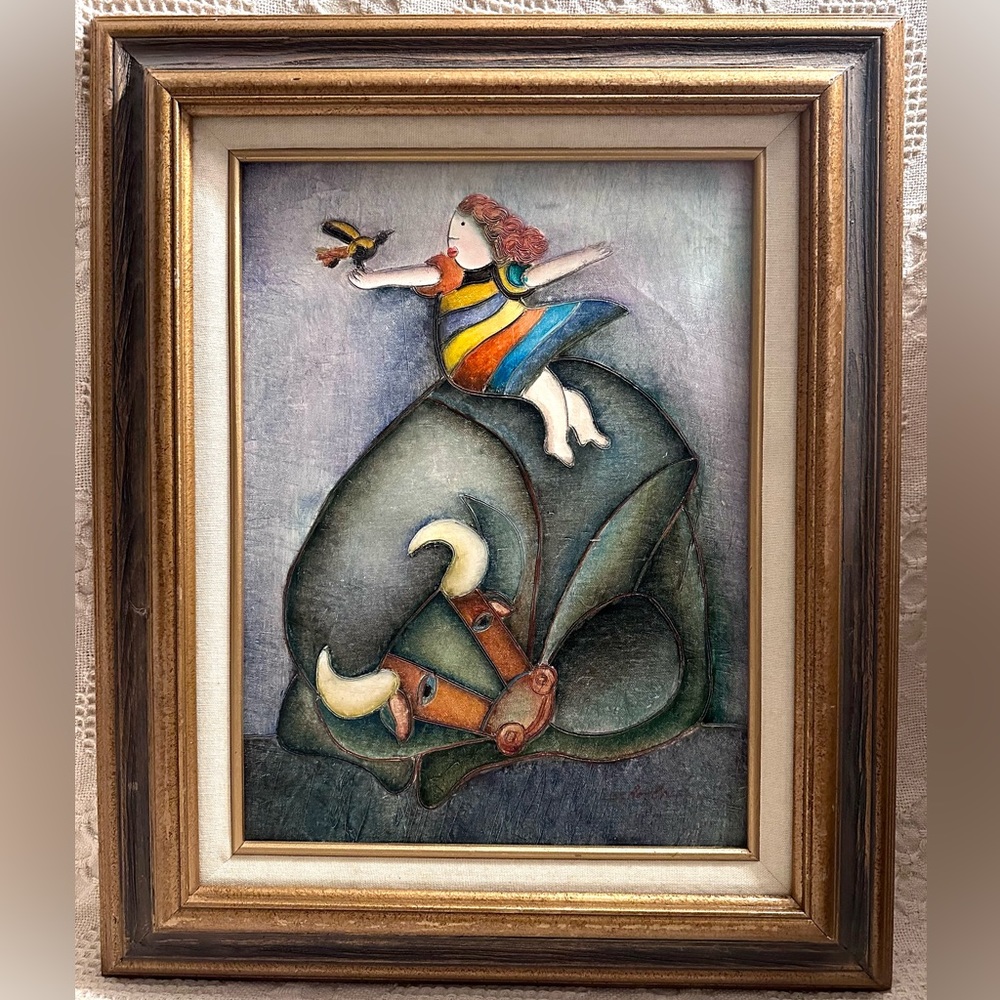 J. Roybal Original Oil Painting on Canvas  Girl w Bird Riding Bull Framed Signed